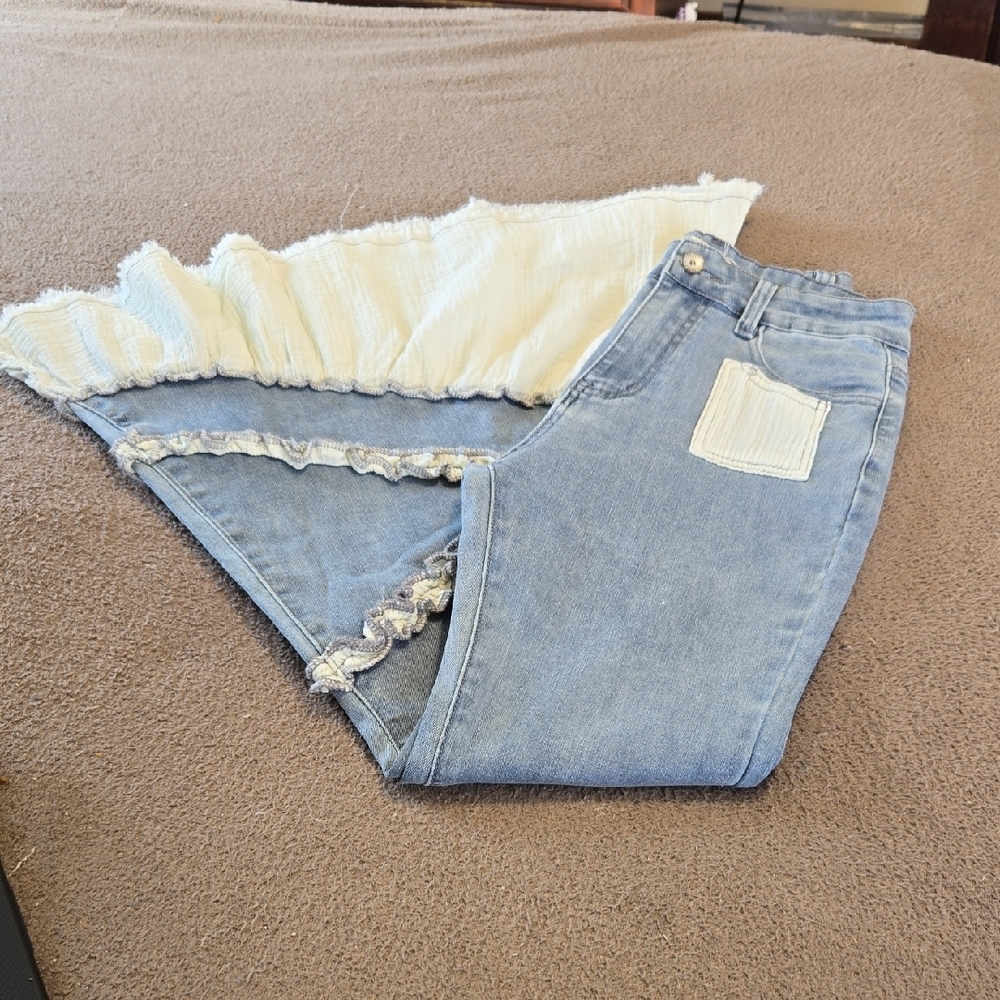 P110 NWT POL Flare Stretch Denim Twill Vintage Wash Pockets Raw Hem Sm Md Lg - Picture 9 of 15